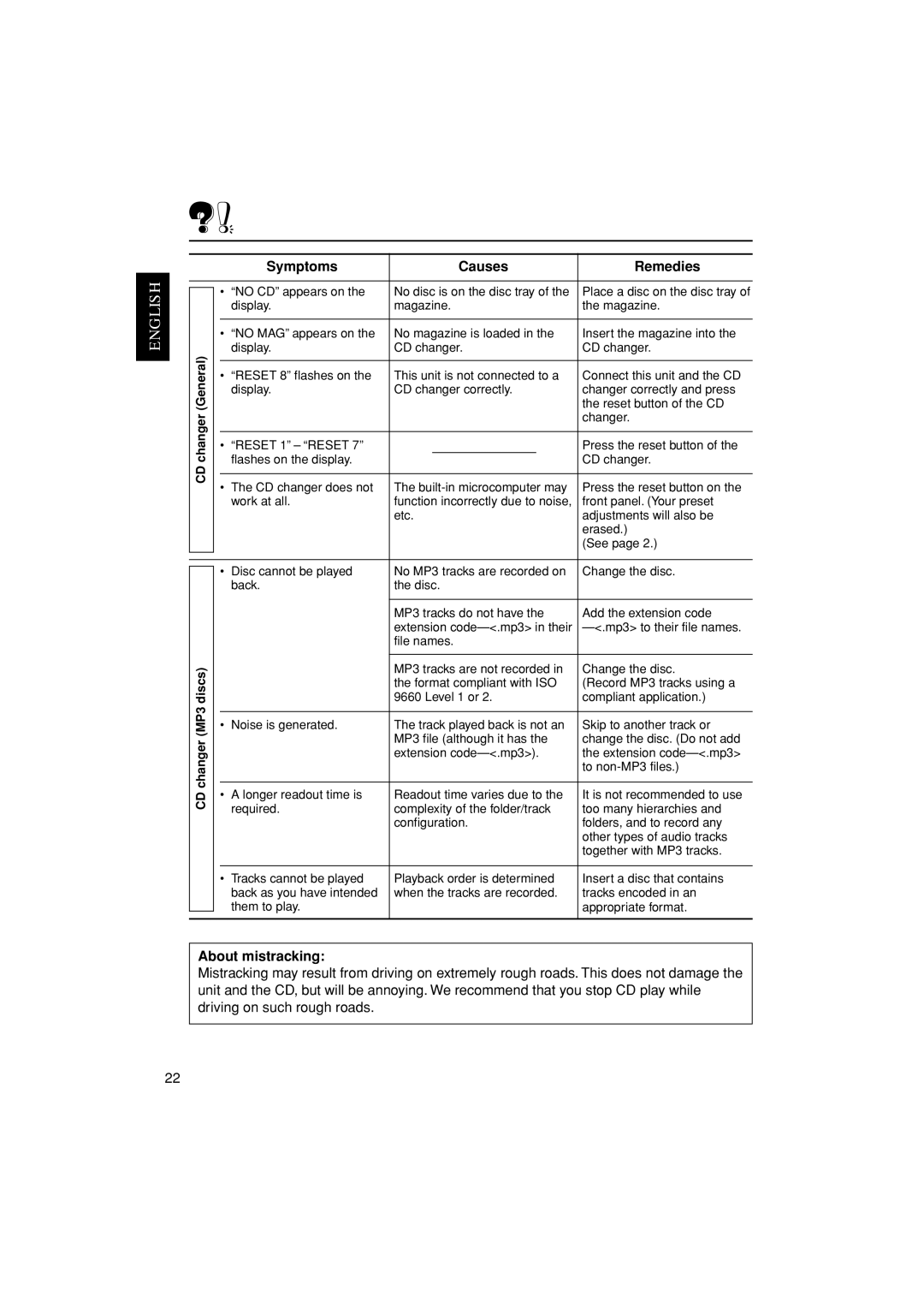 JVC LVT1139-002A, KW-XC888 manual About mistracking, Changer, Òreset 1Ó Ð Òreset 7Ó, Discs, MP3 