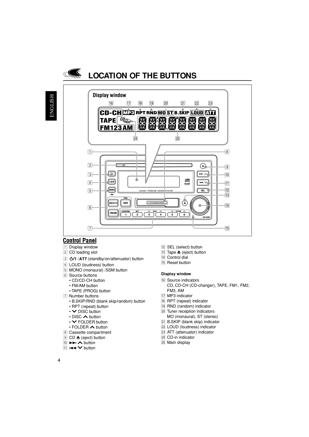 JVC LVT1139-002A, KW-XC888 manual Location of the Buttons, Display window, FM3, AM 