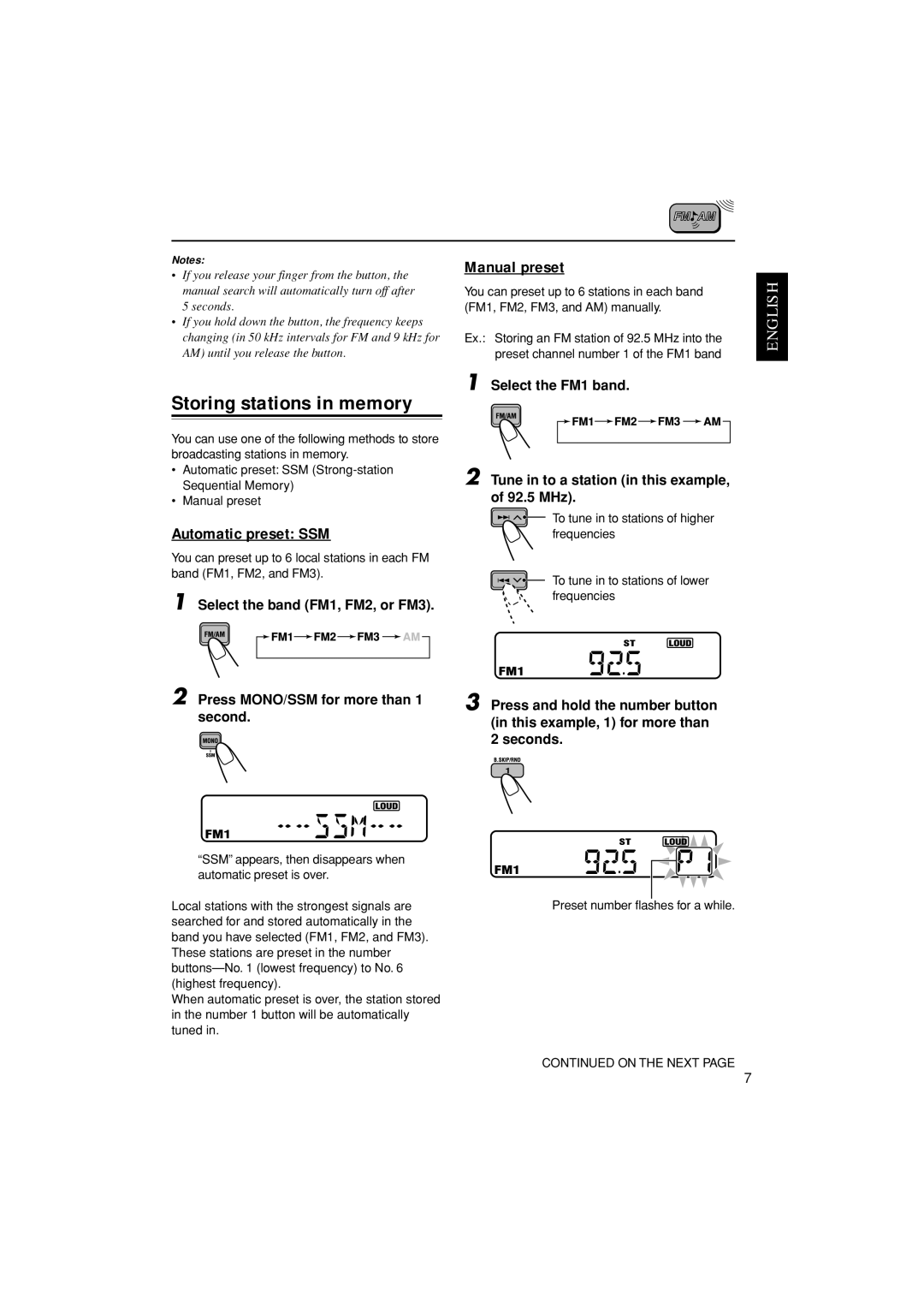 JVC KW-XC888, LVT1139-002A manual Storing stations in memory, Automatic preset SSM, Manual preset, On the Next 