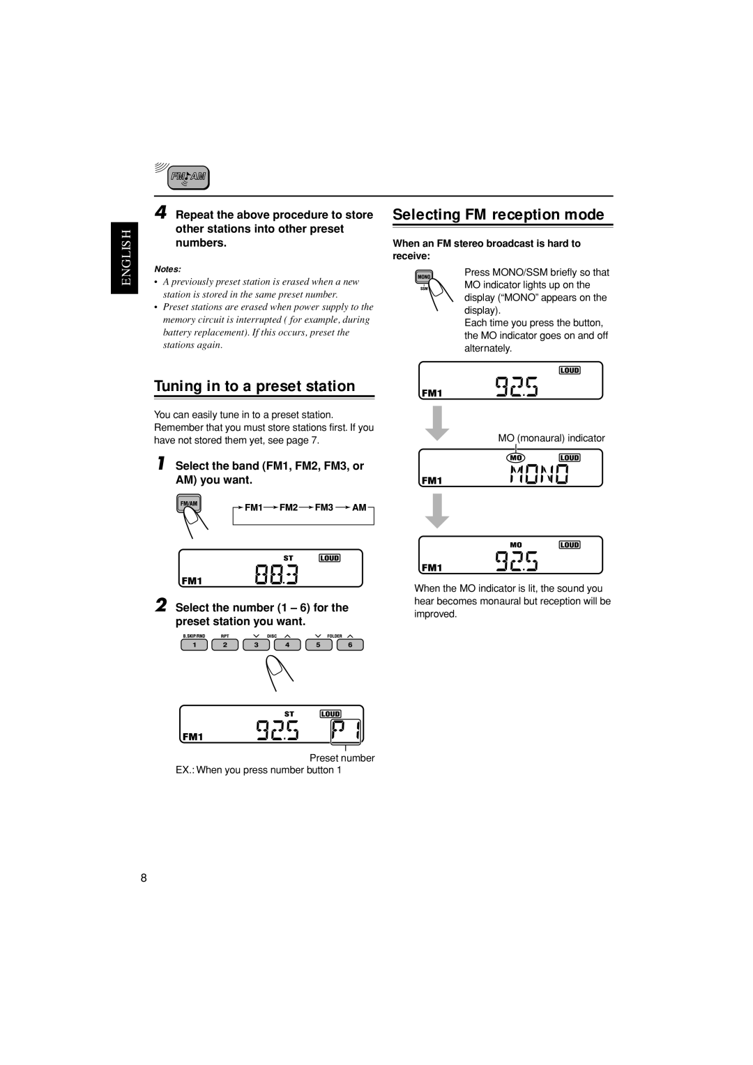 JVC LVT1139-002A, KW-XC888 manual Tuning in to a preset station, When an FM stereo broadcast is hard to receive 