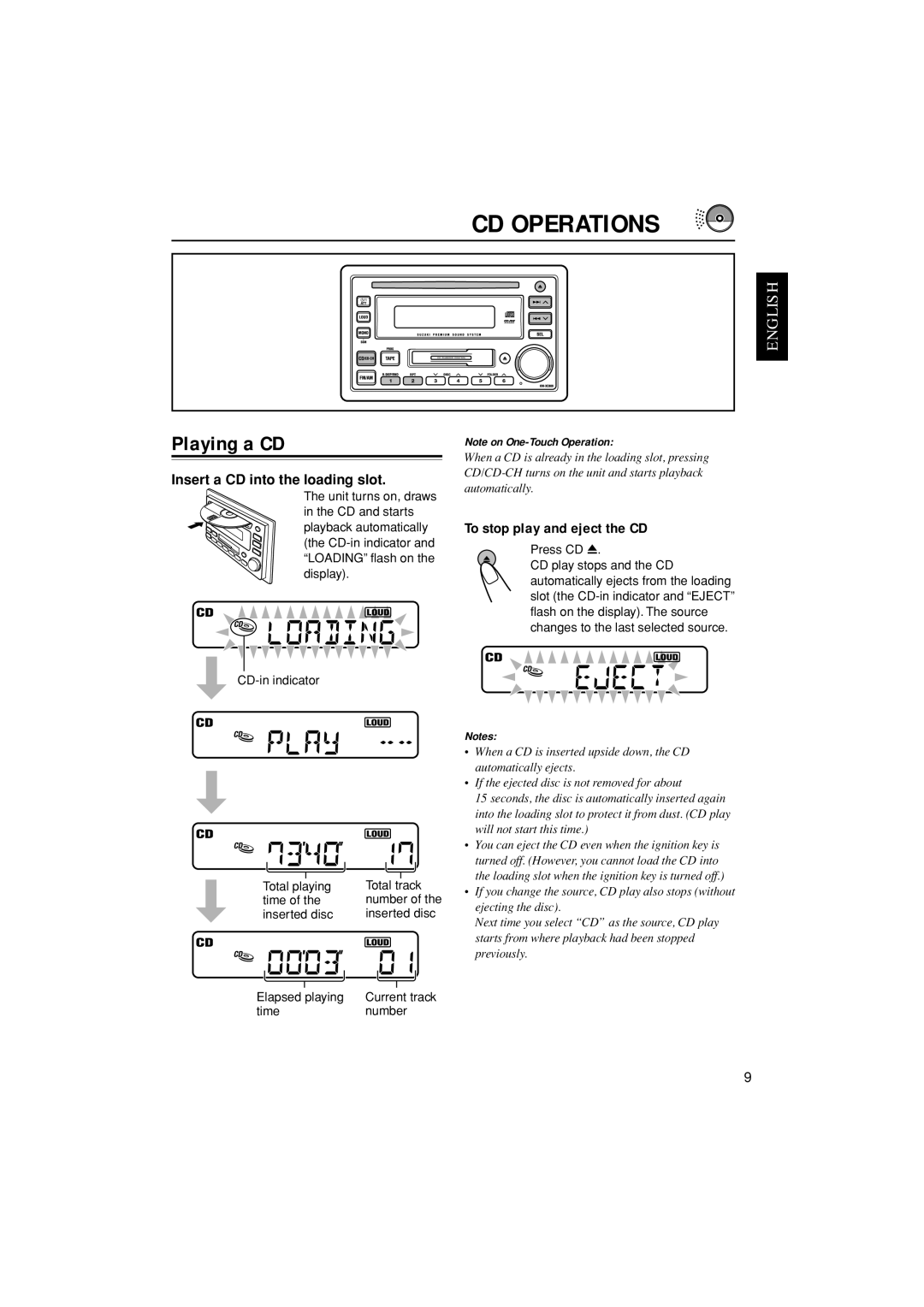 JVC KW-XC888, LVT1139-002A CD Operations, Playing a CD, To stop play and eject the CD, Insert a CD into the loading slot 