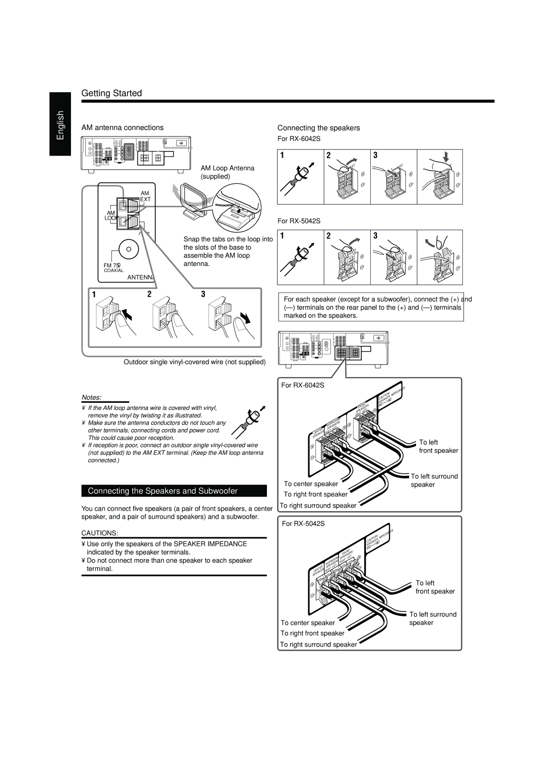 JVC LVT1140-004A manual Connecting the Speakers and Subwoofer, AM antenna connections, Connecting the speakers 