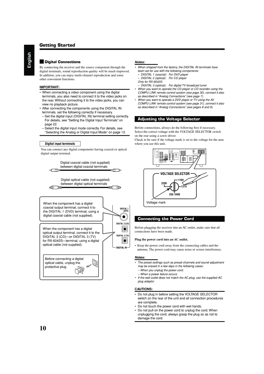 JVC LVT1140-004A manual Adjusting the Voltage Selector, Connecting the Power Cord, Digital Connections 