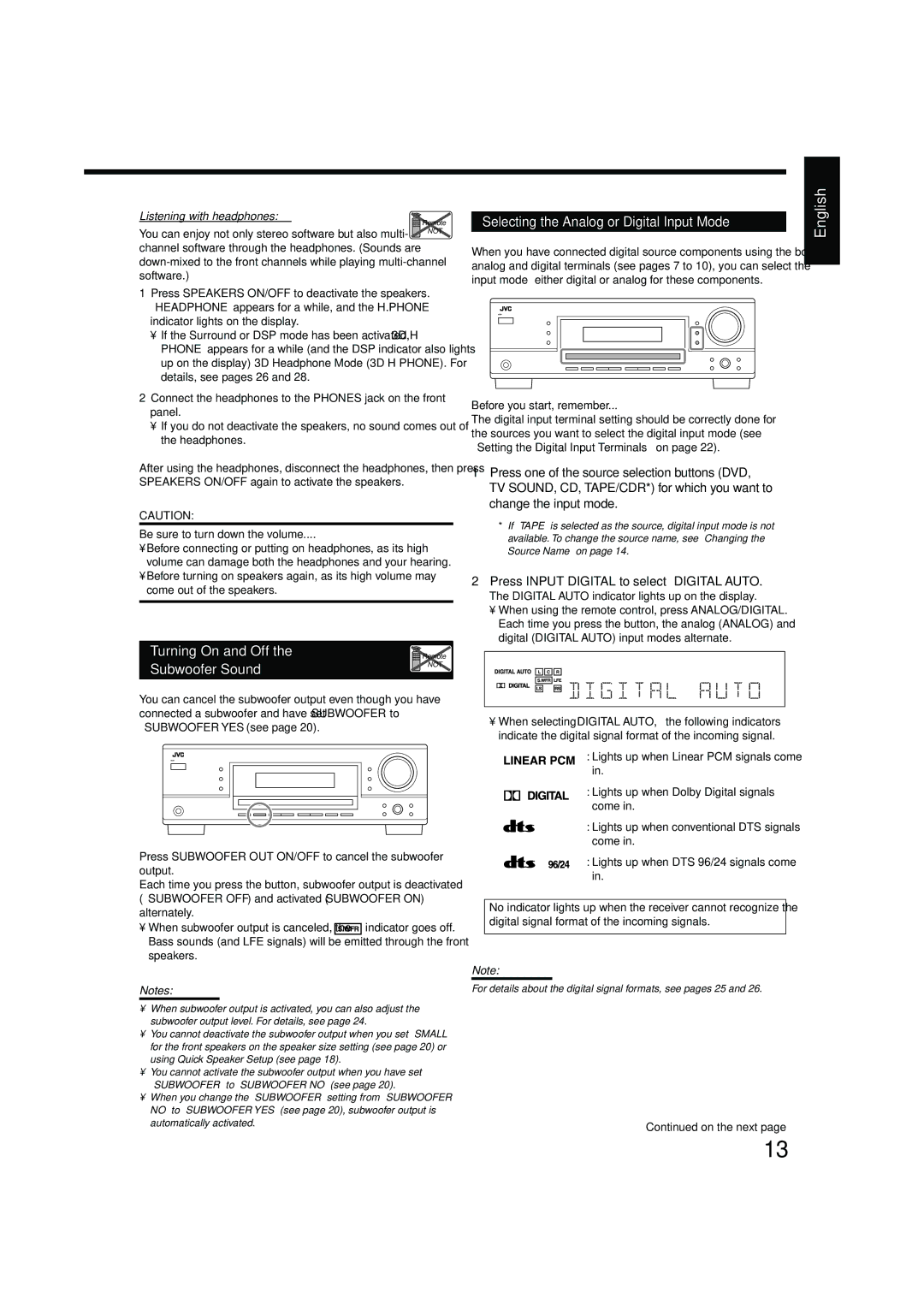 JVC LVT1140-004A Selecting the Analog or Digital Input Mode, Listening with headphones, Be sure to turn down the volume 