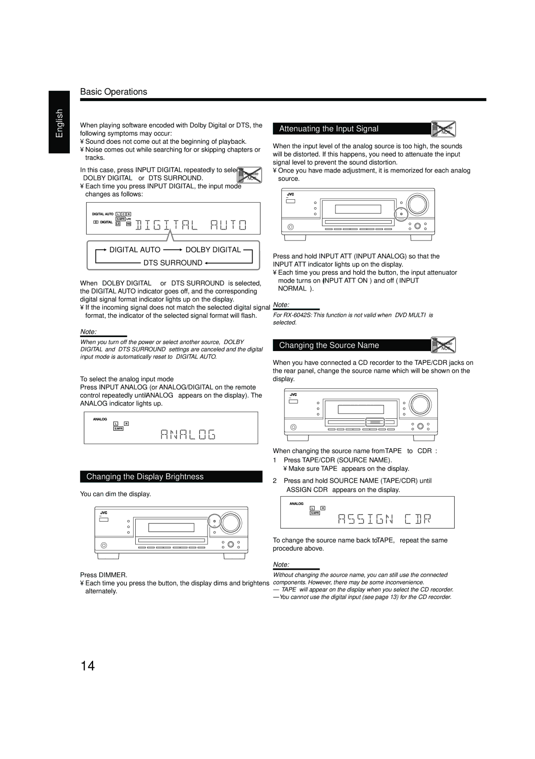 JVC LVT1140-004A manual Changing the Display Brightness, When Dolby Digital or DTS Surround is selected, Press Dimmer 