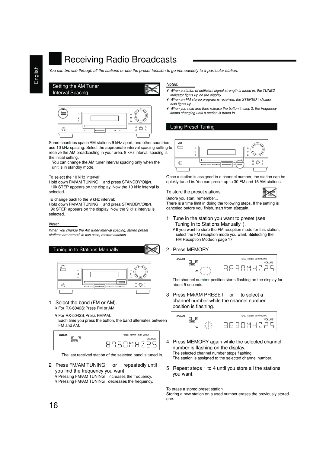 JVC LVT1140-004A manual Receiving Radio Broadcasts, Using Preset Tuning, Press Memory, Select the band FM or AM 