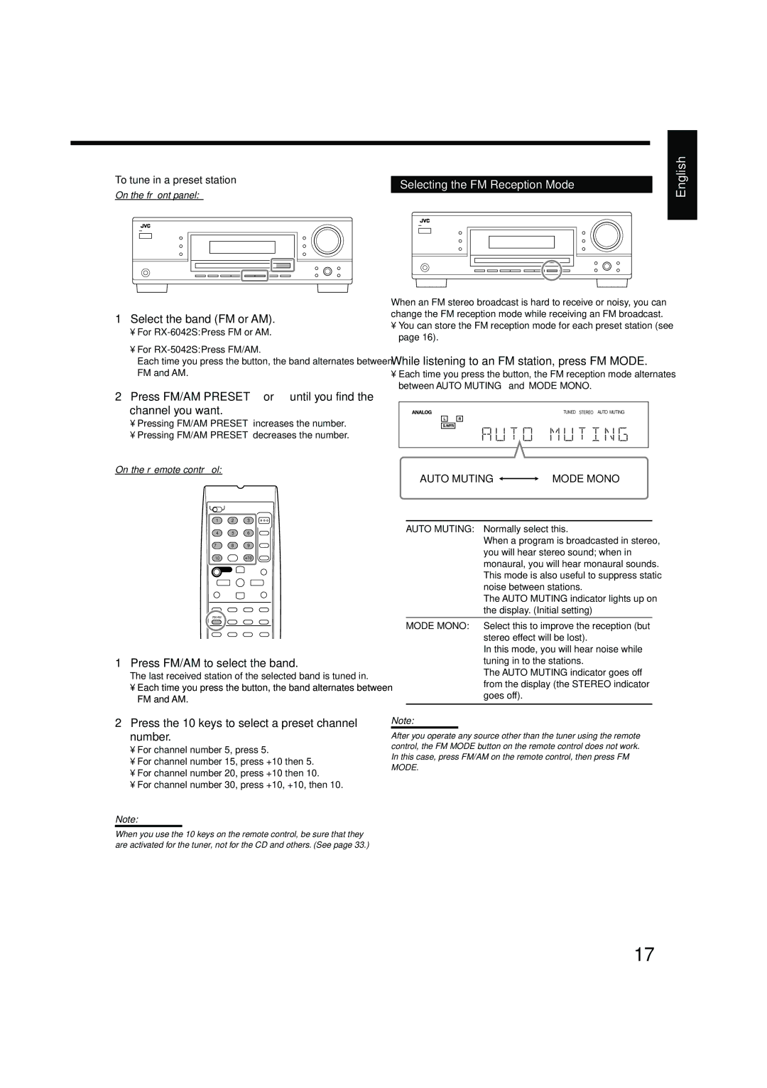 JVC LVT1140-004A manual Press FM/AM to select the band, Press the 10 keys to select a preset channel number 