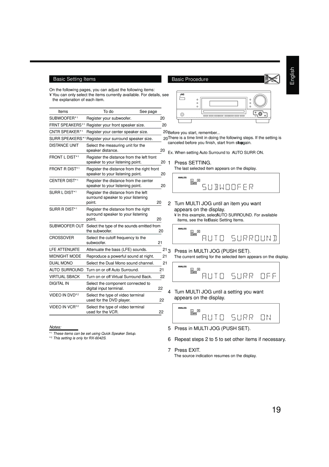 JVC LVT1140-004A manual Basic Setting Items, Press Setting, Ex. When setting Auto Surround to Auto Surr on 