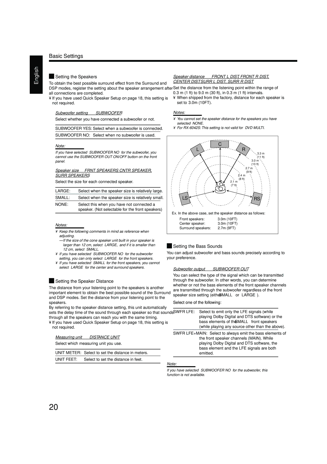 JVC LVT1140-004A manual Setting the Speakers, Setting the Speaker Distance, Setting the Bass Sounds 