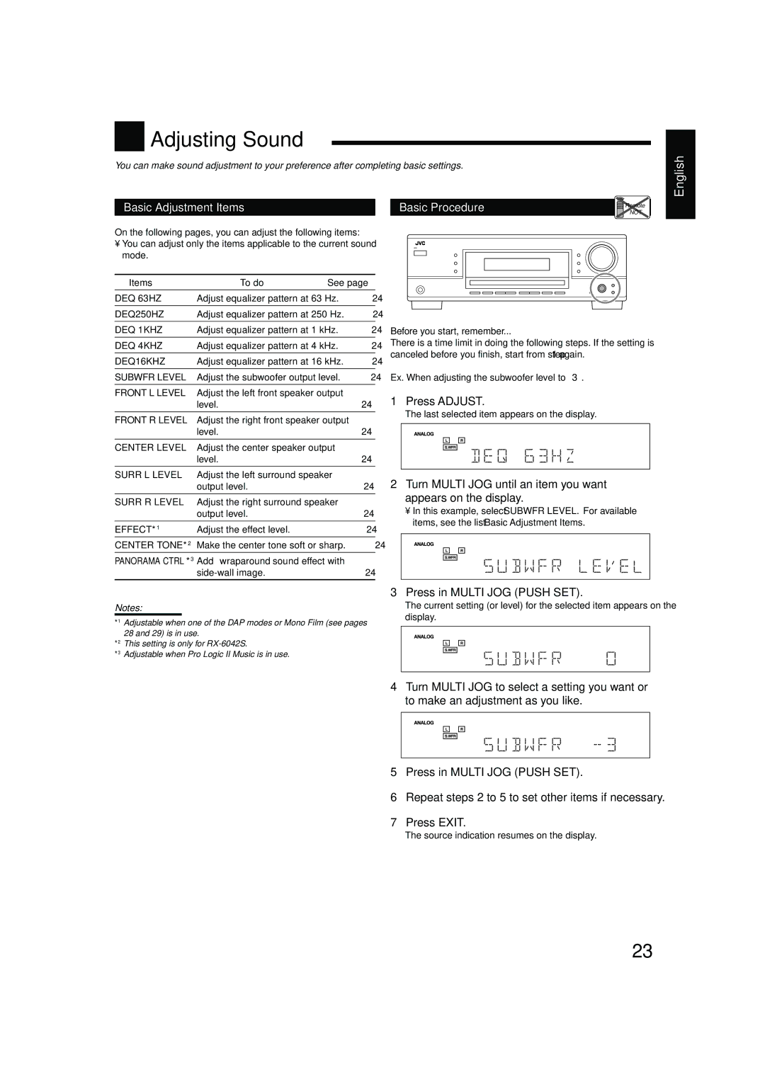 JVC LVT1140-004A manual Adjusting Sound, Basic Adjustment Items, Press Adjust, Ex. When adjusting the subwoofer level to 