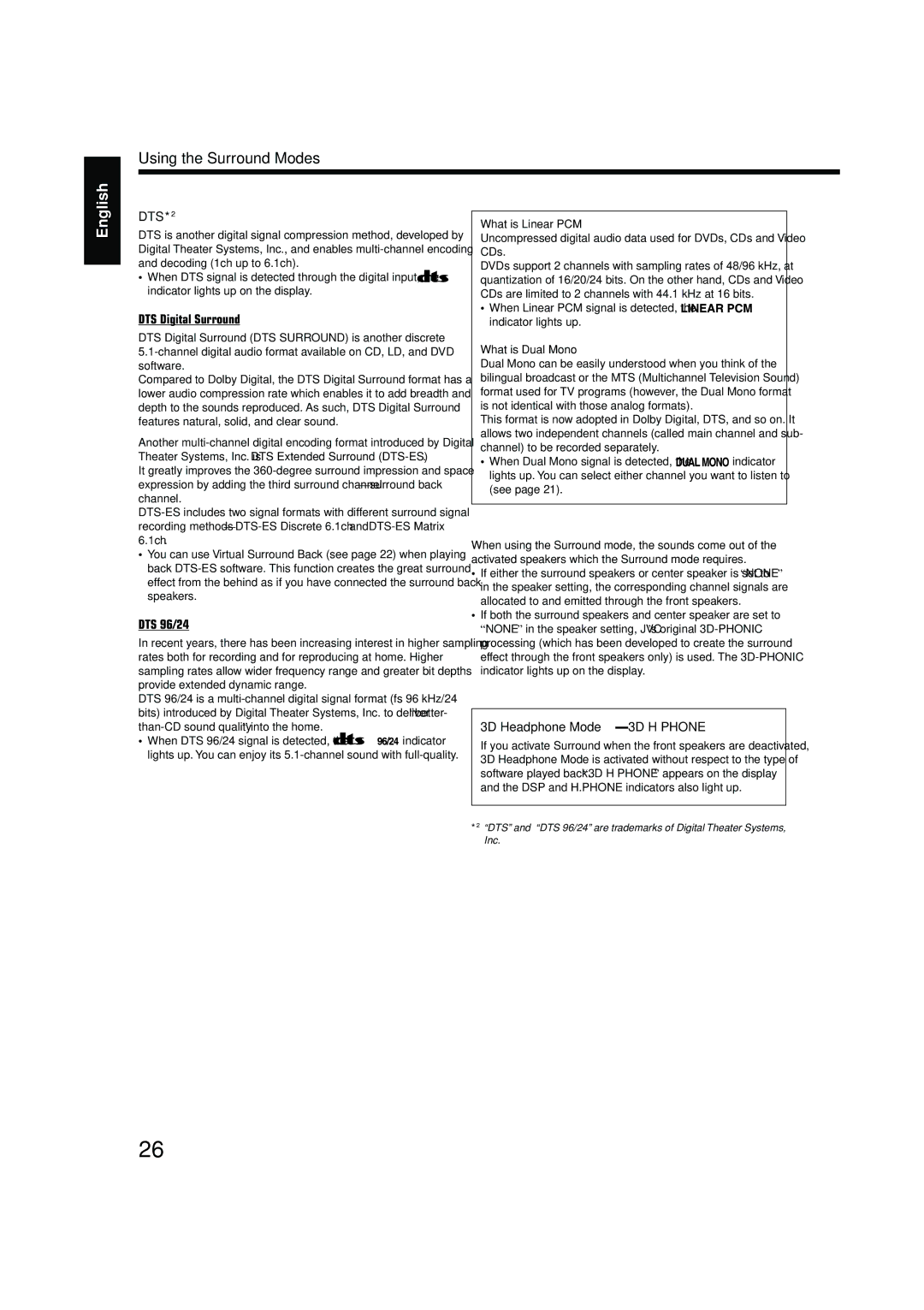 JVC LVT1140-004A DTS Digital Surround, DTS 96/24, 3D Headphone Mode-3D H Phone, What is Linear PCM?, What is Dual Mono? 