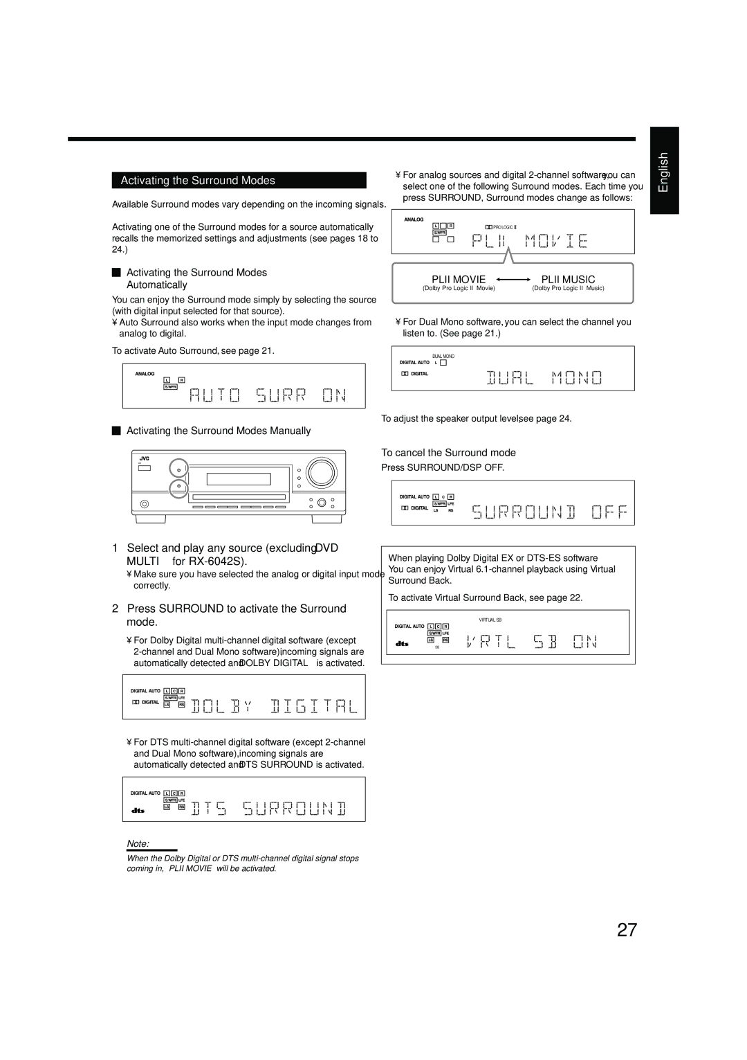 JVC LVT1140-004A manual Activating the Surround Modes, Select and play any source excluding DVD Multi for RX-6042S 