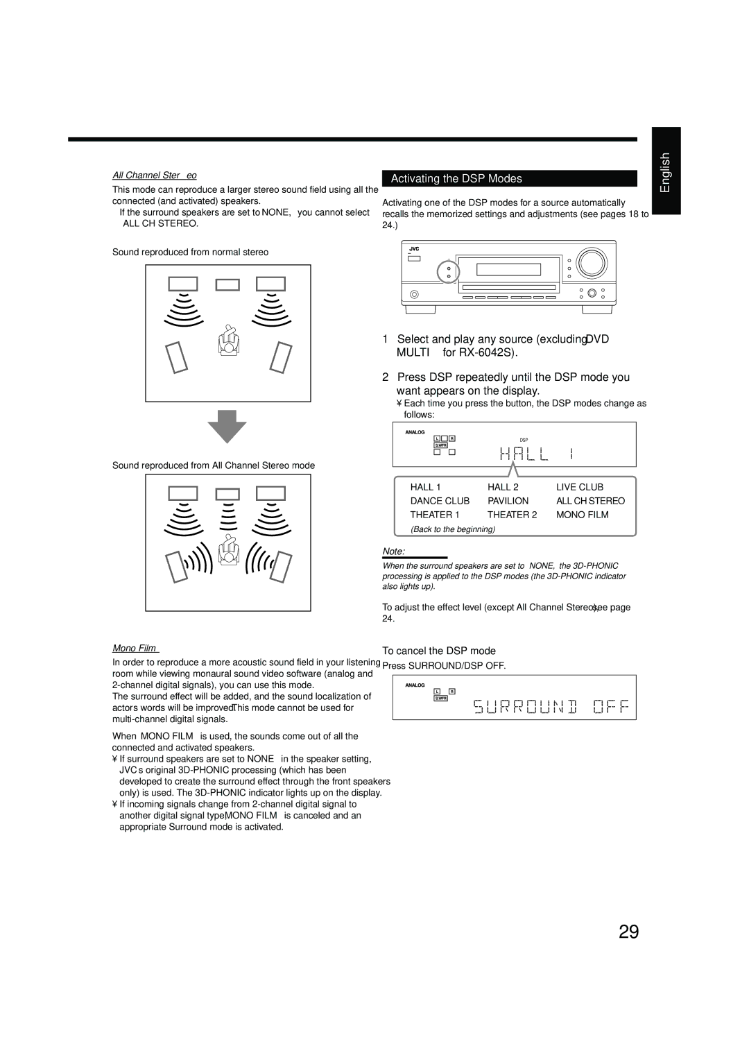 JVC LVT1140-004A manual Activating the DSP Modes, To cancel the DSP mode, Multi-channel digital signals 