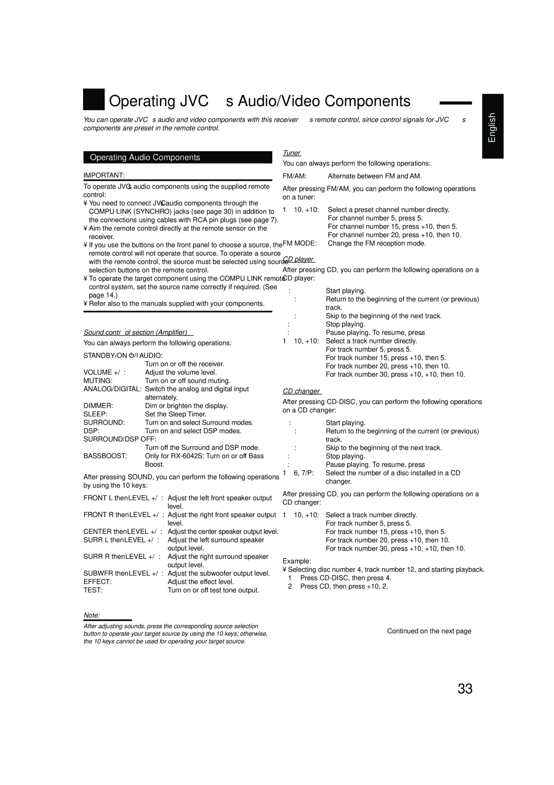 JVC LVT1140-004A manual Operating JVC’s Audio/Video Components, Operating Audio Components 