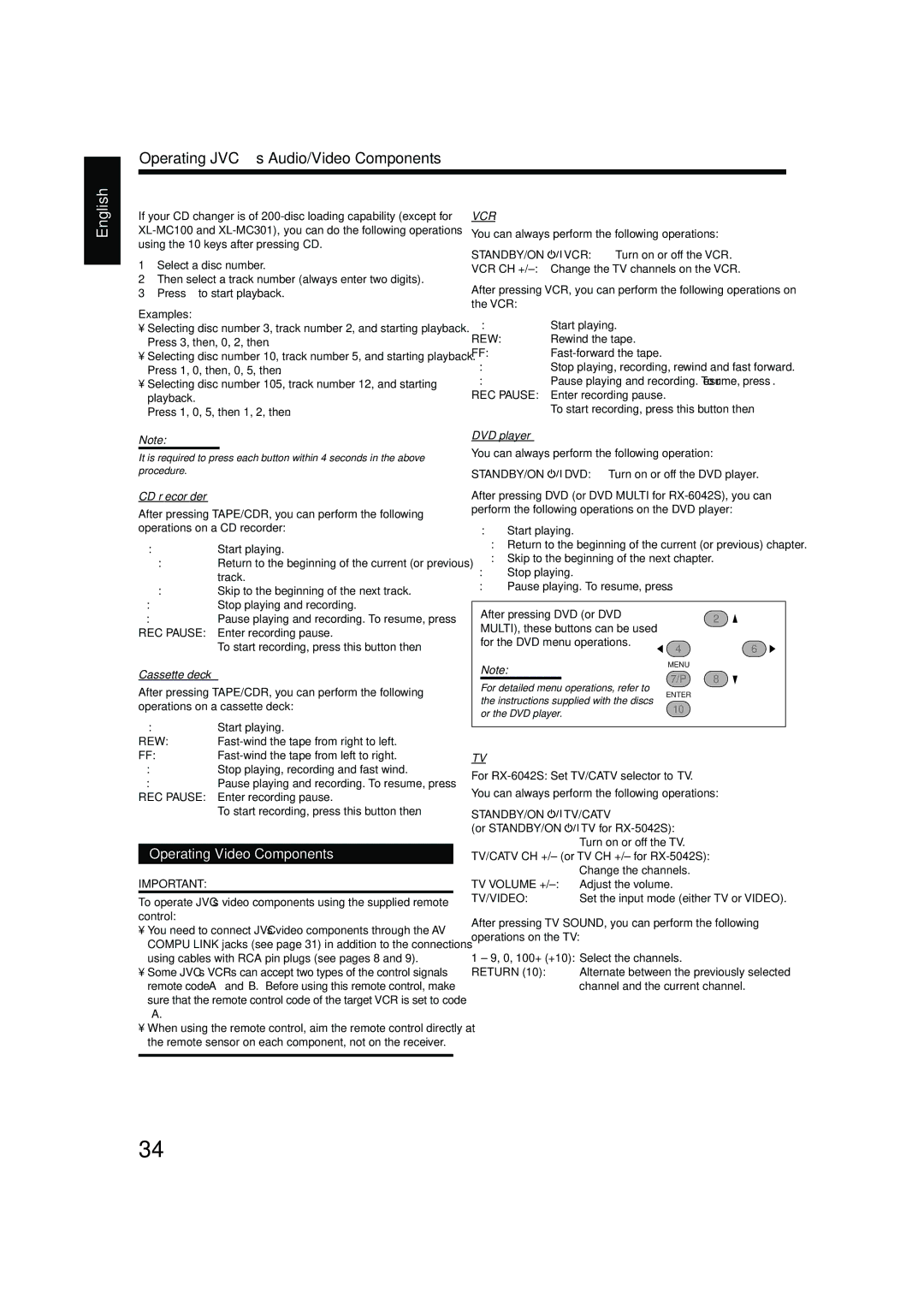 JVC LVT1140-004A manual Operating Video Components, CD recorder, DVD player, Cassette deck 