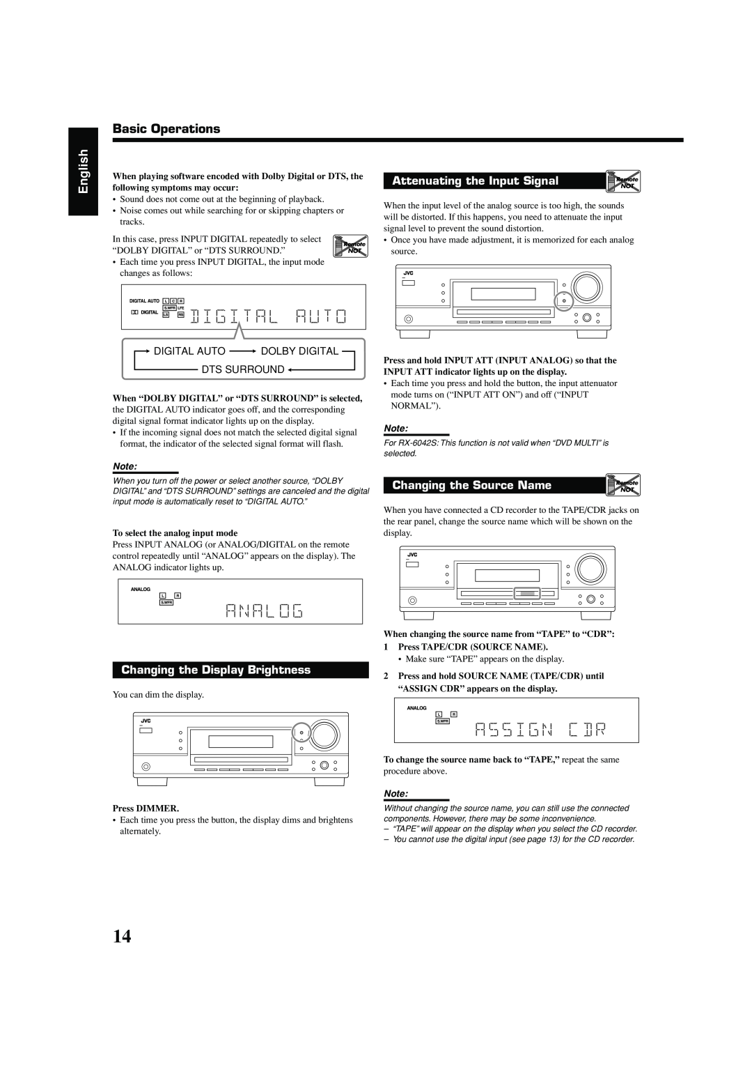 JVC LVT1140-004A Basic Operations, English, Attenuating the Input Signal, Changing the Display Brightness, Press DIMMER 
