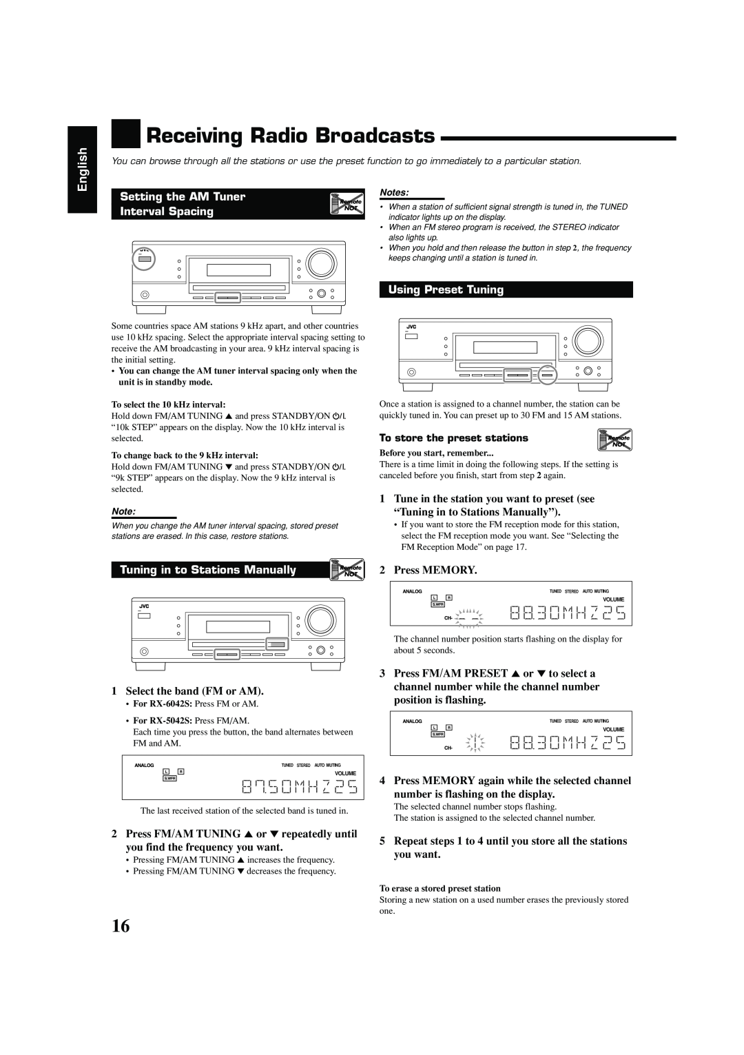 JVC LVT1140-004A manual Receiving Radio Broadcasts, English, Setting the AM Tuner, Interval Spacing, Using Preset Tuning 