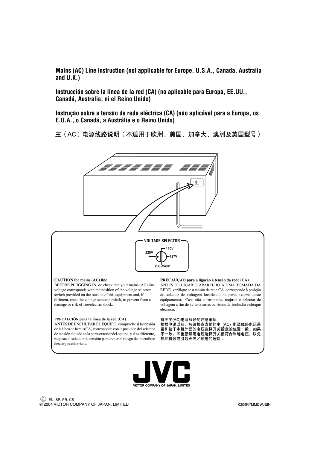 JVC LVT1140-004A manual CAUTION for mains AC line, PRECAUCIÓN para la línea de la red CA, Victor Company Of Japan, Limited 