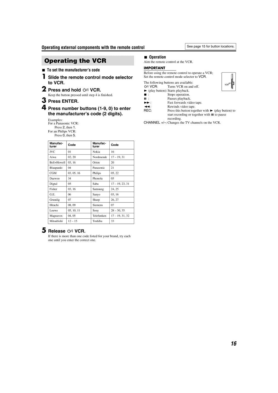 JVC LVT1150-003B manual Operating the VCR, Operating external components with the remote control, Release F VCR 