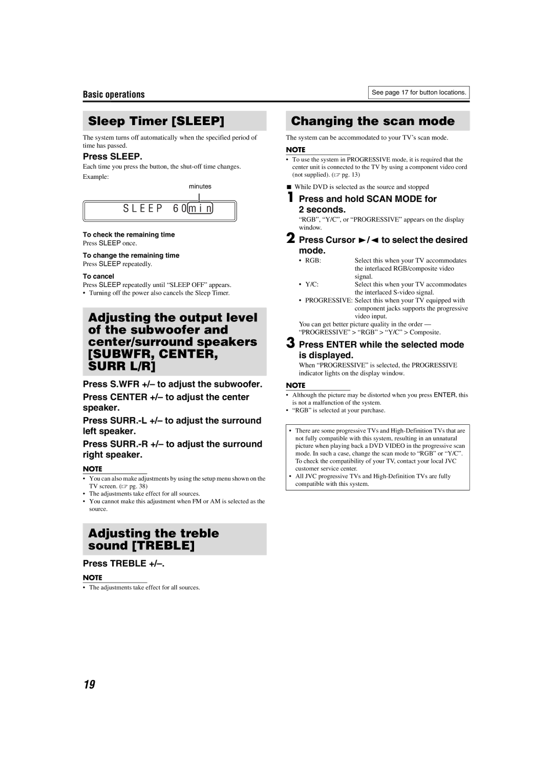 JVC LVT1150-003B manual Sleep Timer Sleep, Adjusting the treble sound Treble, Changing the scan mode 