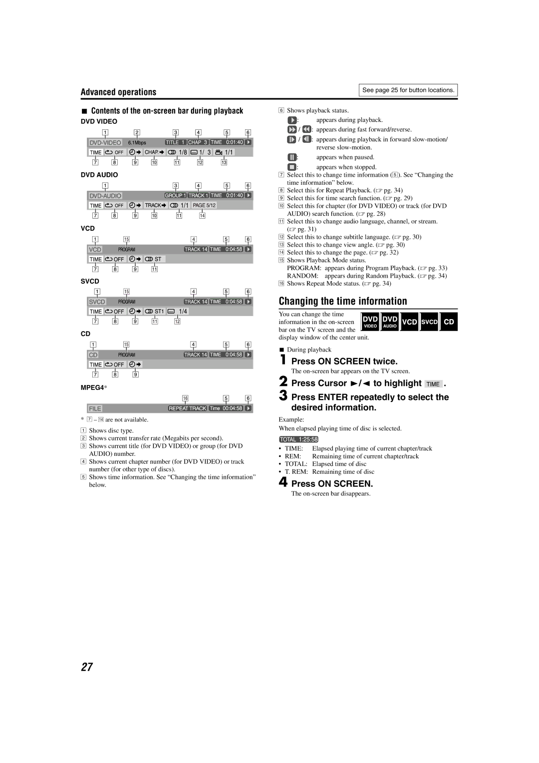 JVC LVT1150-003B manual Changing the time information, Press on Screen twice, Contents of the on-screen bar during playback 