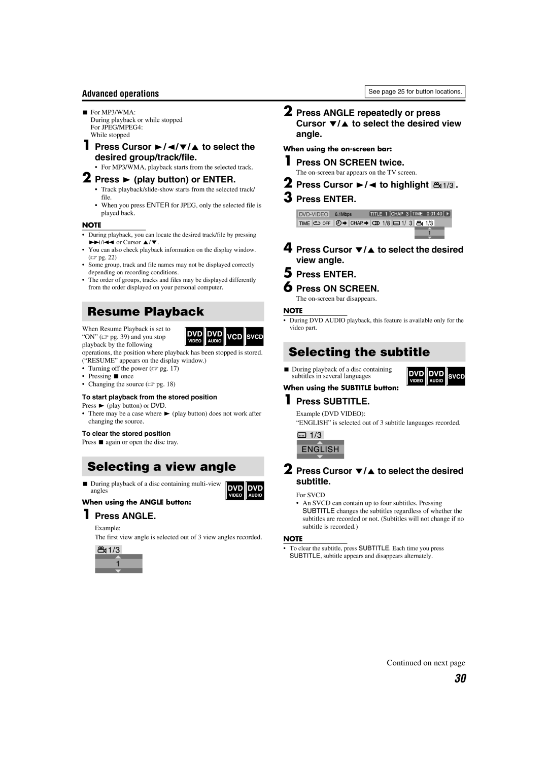 JVC LVT1150-003B manual Resume Playback, Selecting the subtitle, Selecting a view angle 