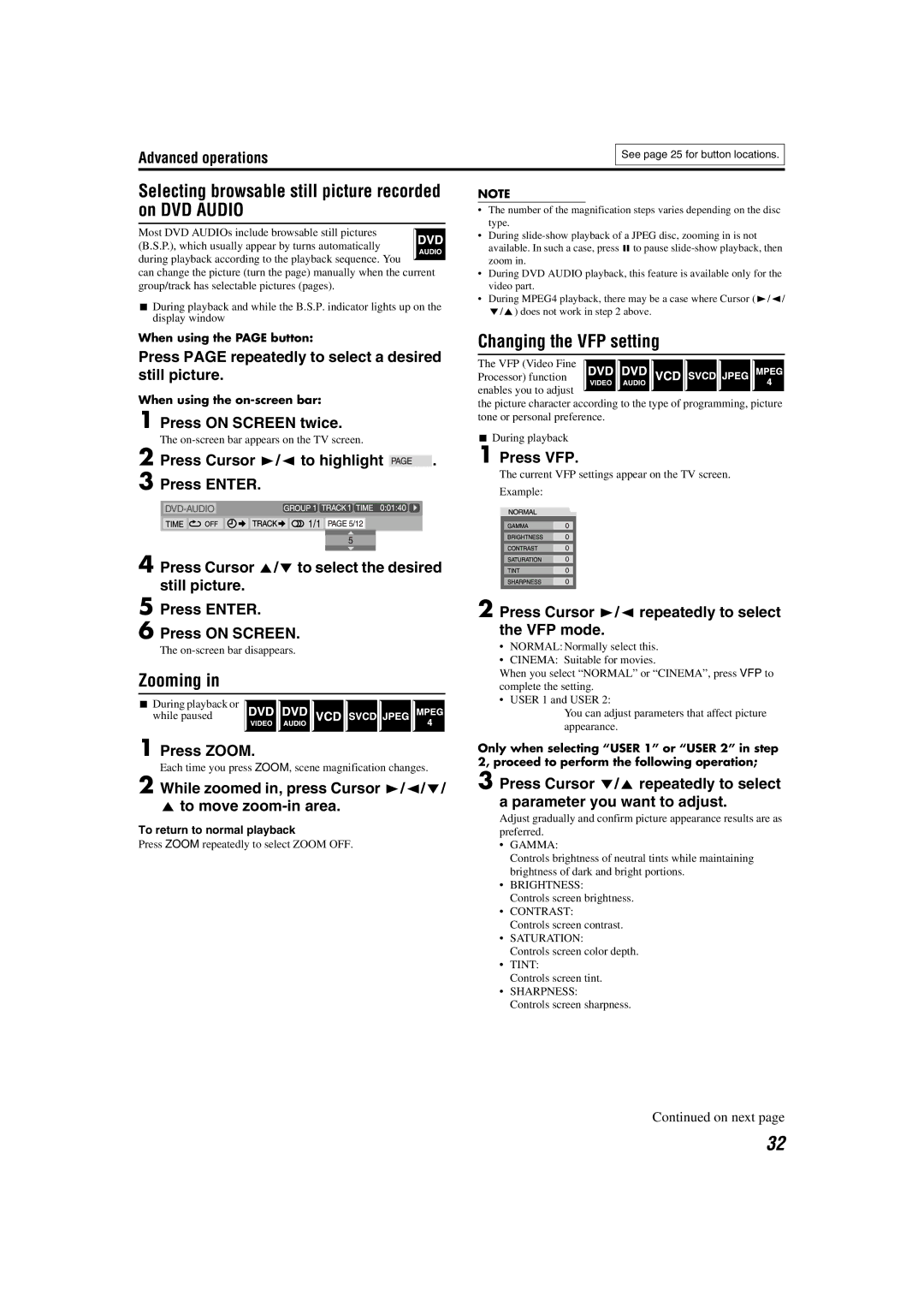 JVC LVT1150-003B manual Selecting browsable still picture recorded on DVD Audio, Zooming, Changing the VFP setting 