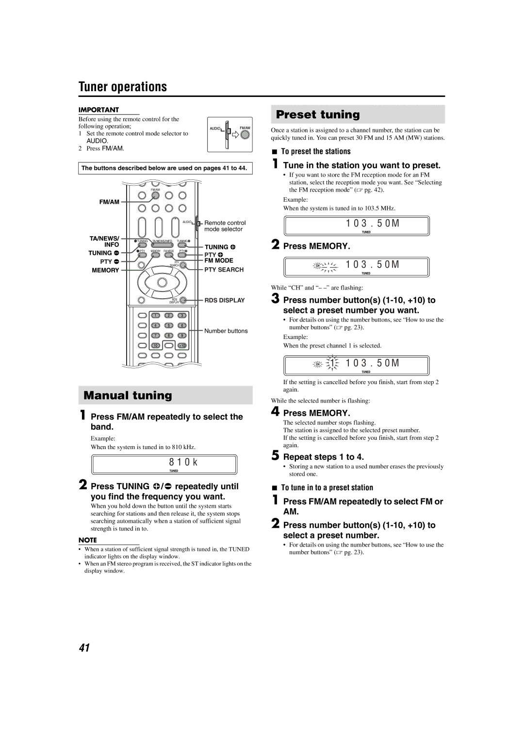 JVC LVT1150-003B manual Tuner operations, Manual tuning, Preset tuning 