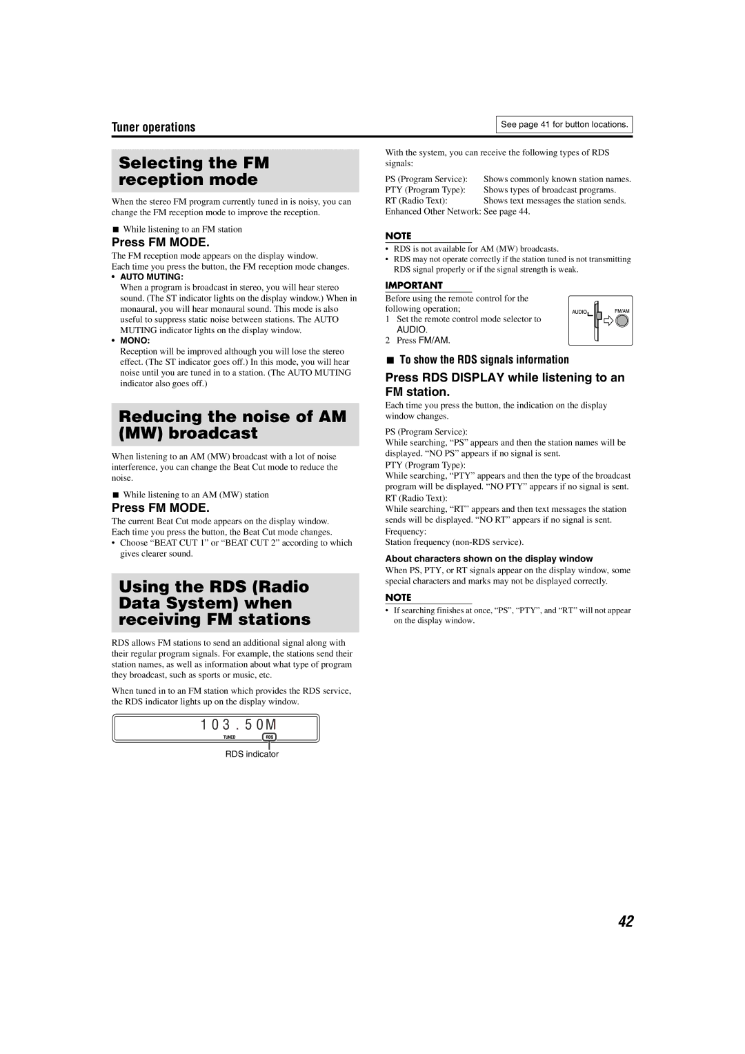 JVC LVT1150-003B manual Selecting the FM reception mode, Reducing the noise of AM MW broadcast, Press FM Mode 