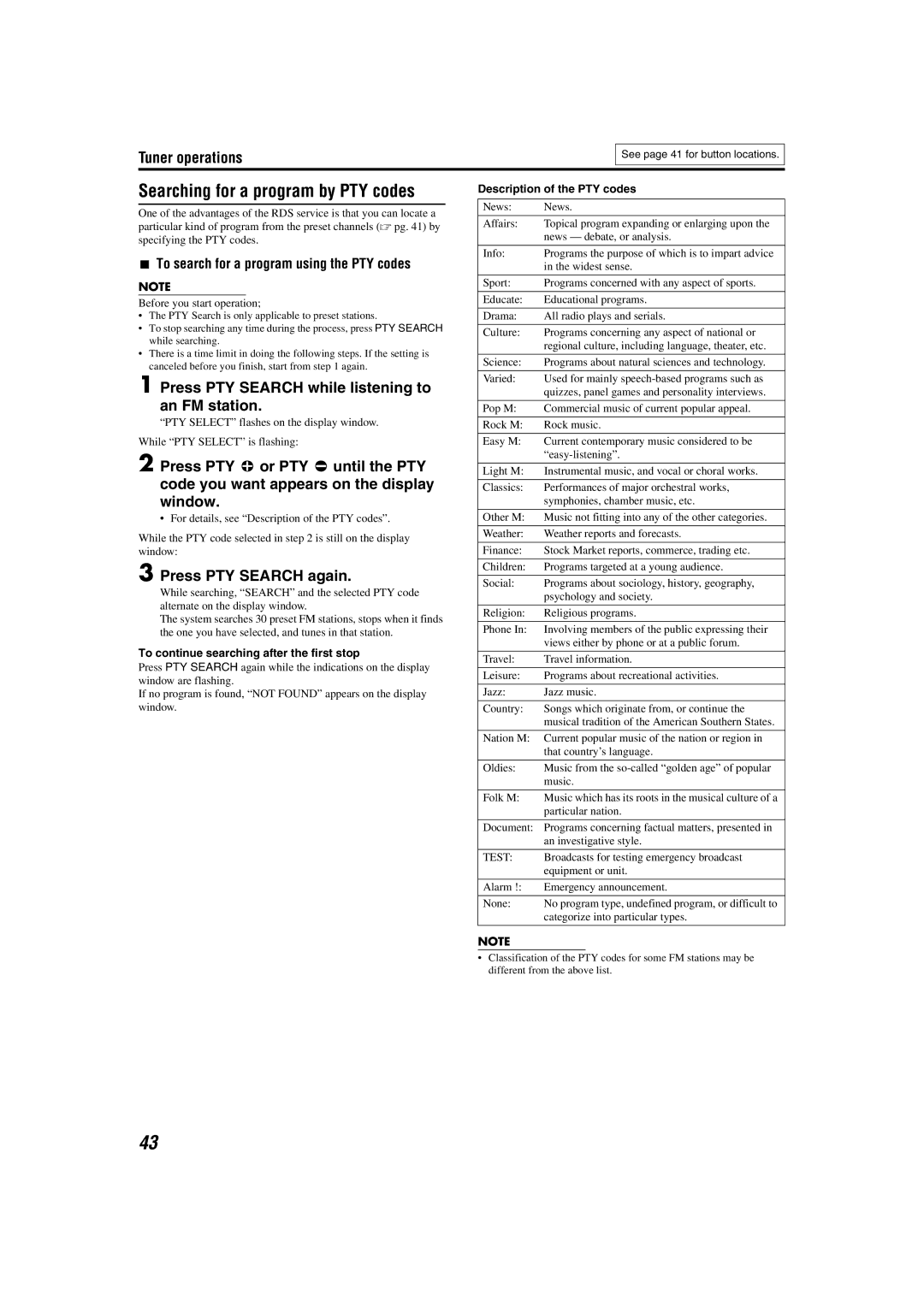 JVC LVT1150-003B Press PTY Search while listening to an FM station, Press PTY Search again, Description of the PTY codes 