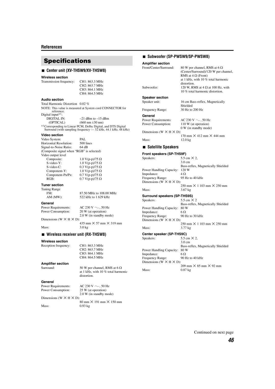 JVC LVT1150-003B manual Specifications, Center unit XV-THSW9/XV-THSW8, Wireless receiver unit RX-THSW8, Satellite Speakers 