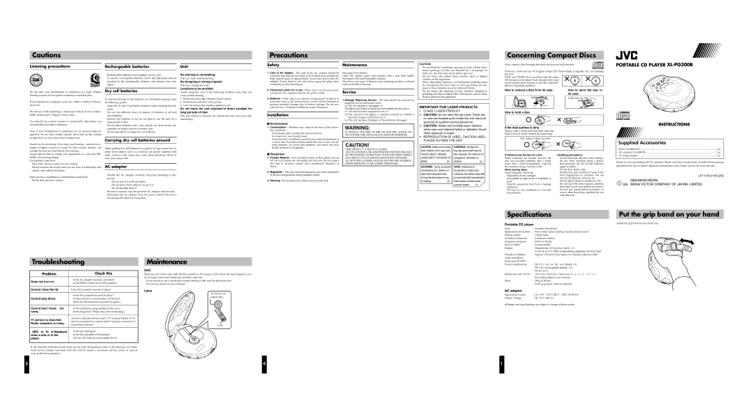 JVC 0504SKMCREORI specifications Precautions, Concerning Compact Discs, Specifications, Put the grip band on your hand 