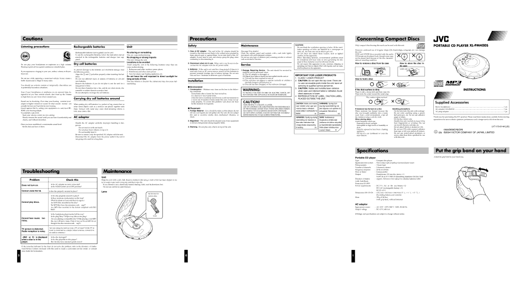 JVC 0504SKMCREORI, LVT1178-014A specifications Portable CD Player XL-PM400S 