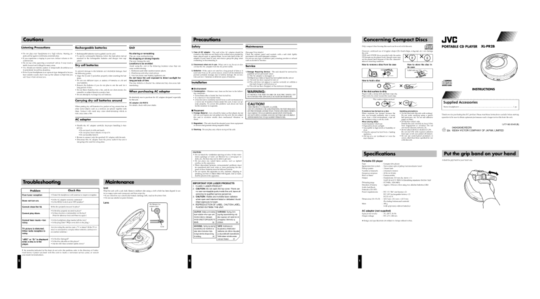 JVC 0404SKMCREORI specifications Listening Precautions Rechargeable batteries Unit, Safety Maintenance, Dry cell batteries 