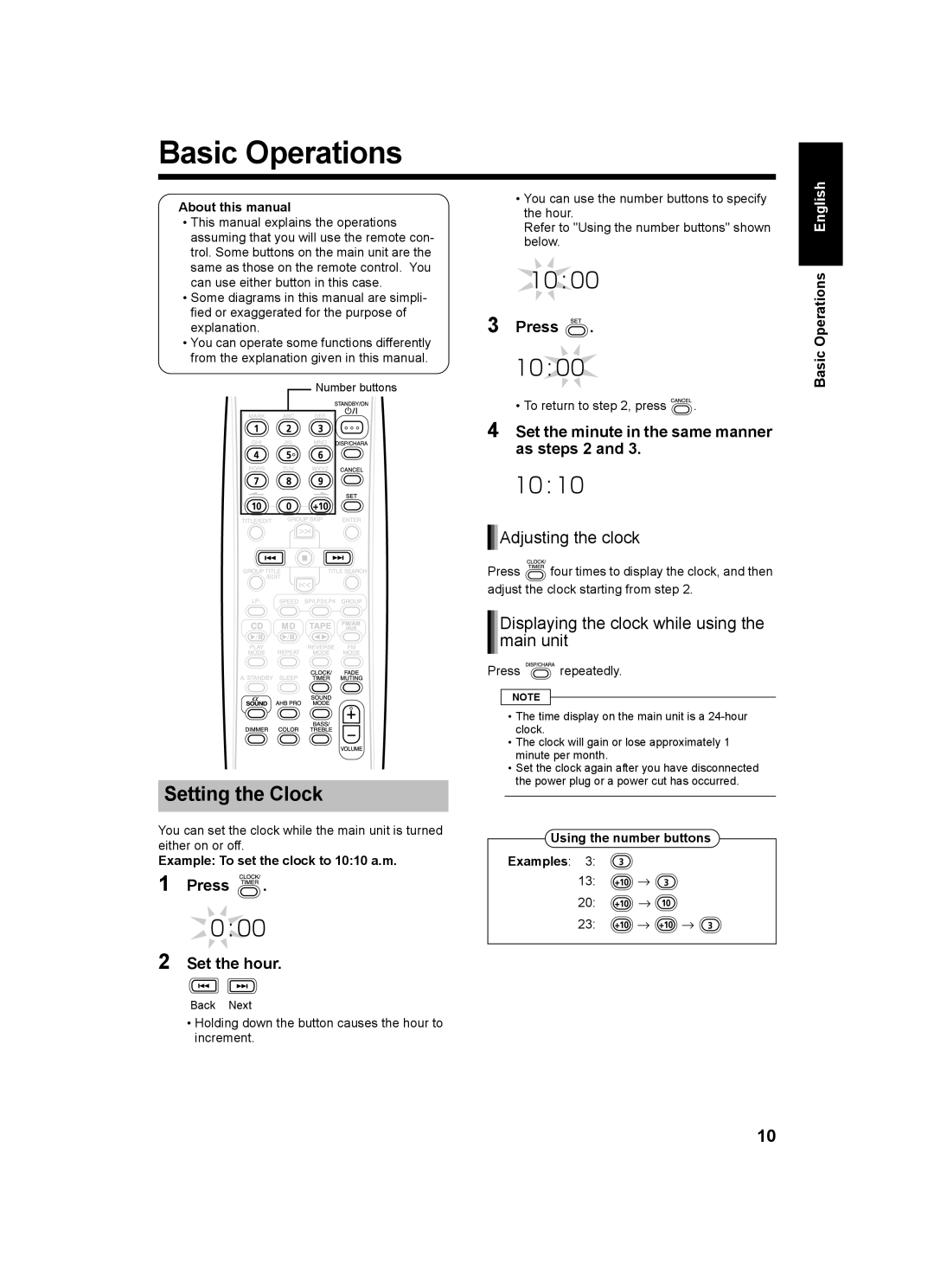 JVC UX-Q1W manual Basic Operations, Setting the Clock, Adjusting the clock, Displaying the clock while using the main unit 