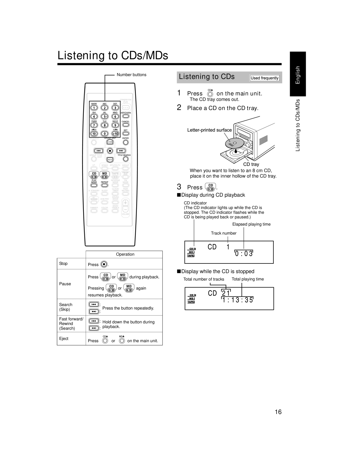 JVC UX-Q1S, LVT1218-002A, CA-UXQ1W, CA-UXQ1S, SP-UXQ1W, SP-UXQ1S, UX-Q1W manual Listening to CDs/MDs, Place a CD on the CD tray 