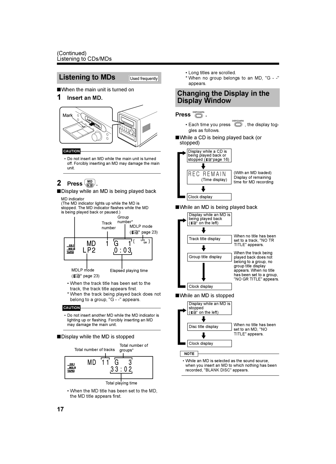 JVC UX-Q1W, LVT1218-002A, CA-UXQ1W, CA-UXQ1S, SP-UXQ1W, SP-UXQ1S, UX-Q1S manual Listening to MDs, Insert an MD 