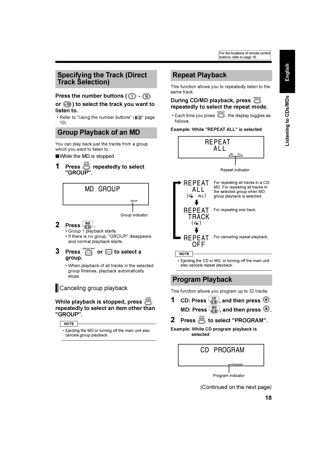 JVC LVT1218-002A Specifying the Track Direct Track Selection, Group Playback of an MD, Repeat Playback, Program Playback 