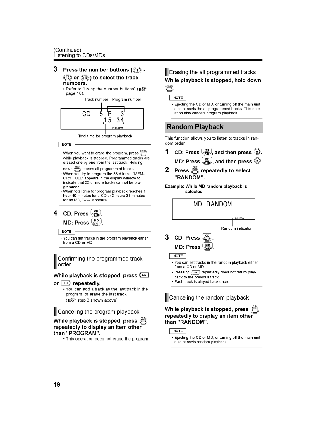 JVC CA-UXQ1W, LVT1218-002A manual Random Playback, Erasing the all programmed tracks, Confirming the programmed track order 