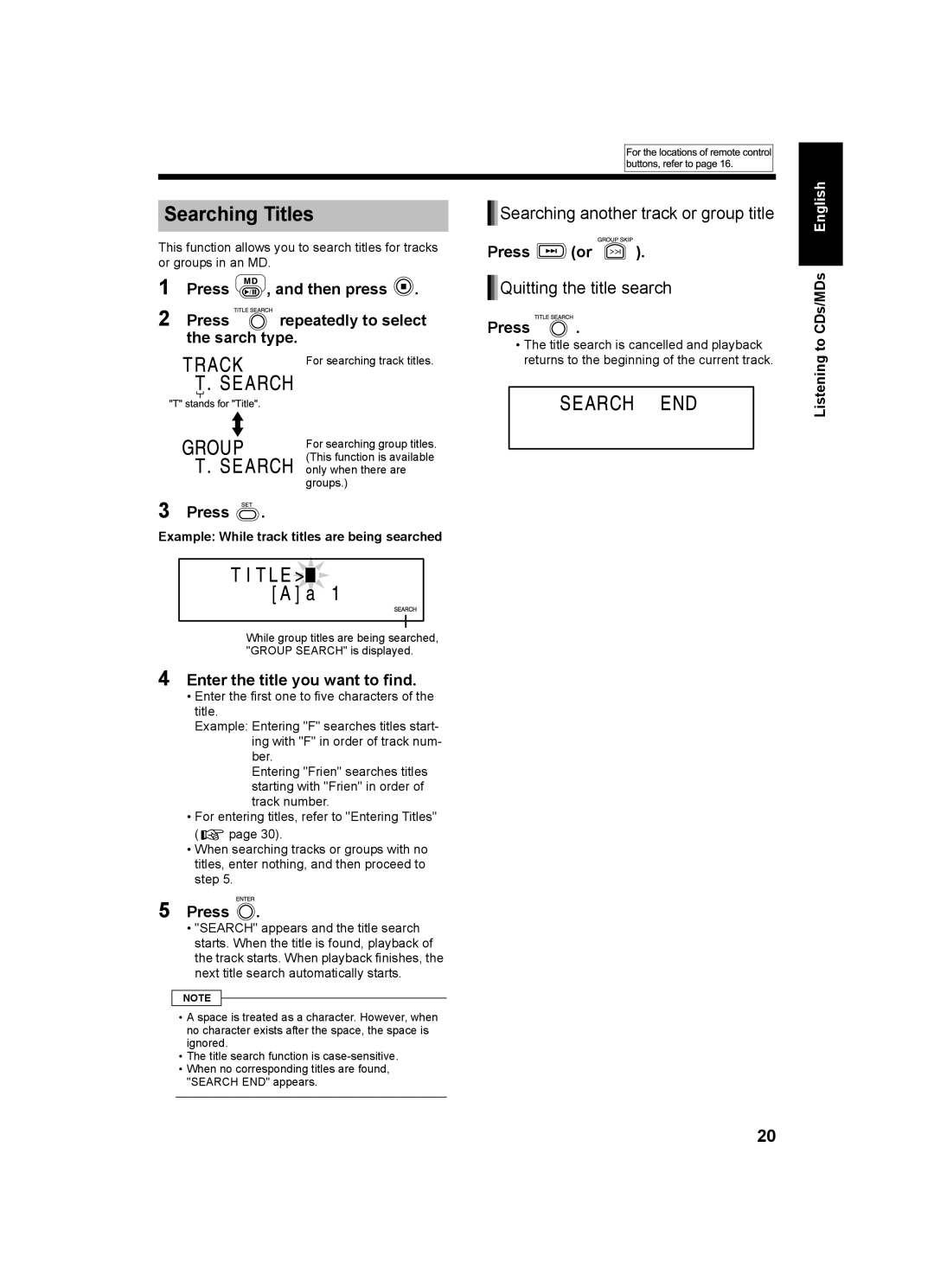 JVC CA-UXQ1S, LVT1218-002A Searching Titles, Searching another track or group title, Quitting the title search, Press or 