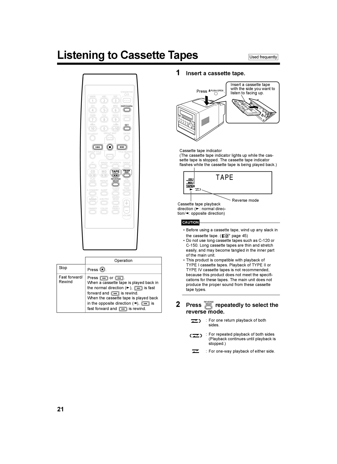 JVC SP-UXQ1W, CA-UXQ1W Listening to Cassette Tapes, Insert a cassette tape, Press repeatedly to select the reverse mode 