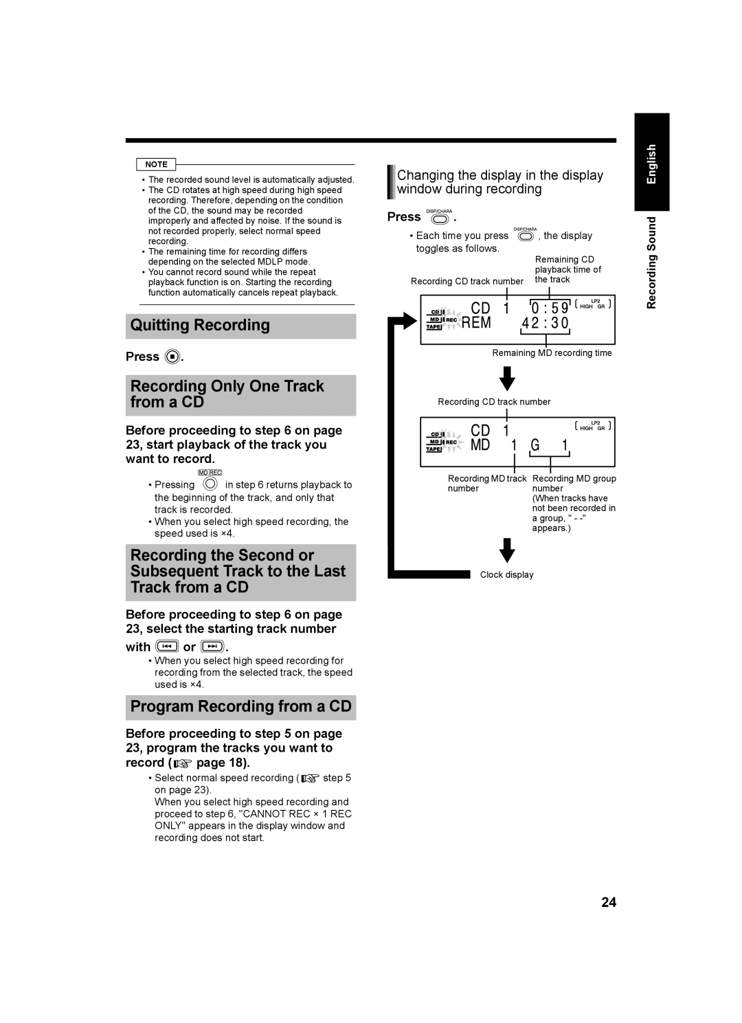 JVC UX-Q1W Quitting Recording, Recording Only One Track from a CD, Program Recording from a CD, Window during recording 