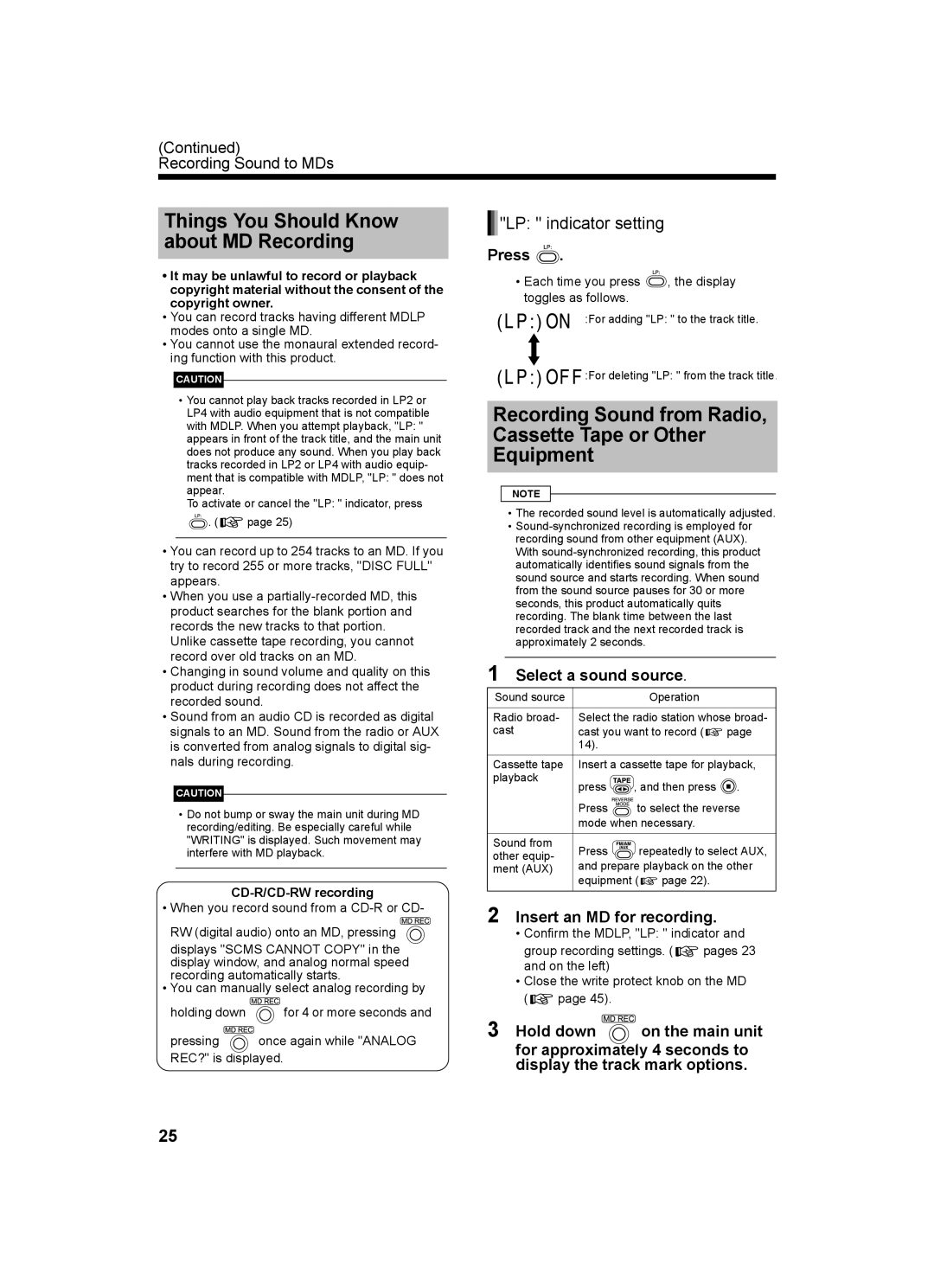 JVC LVT1218-002A, CA-UXQ1W LP indicator setting, Select a sound source, Insert an MD for recording, CD-R/CD-RW recording 