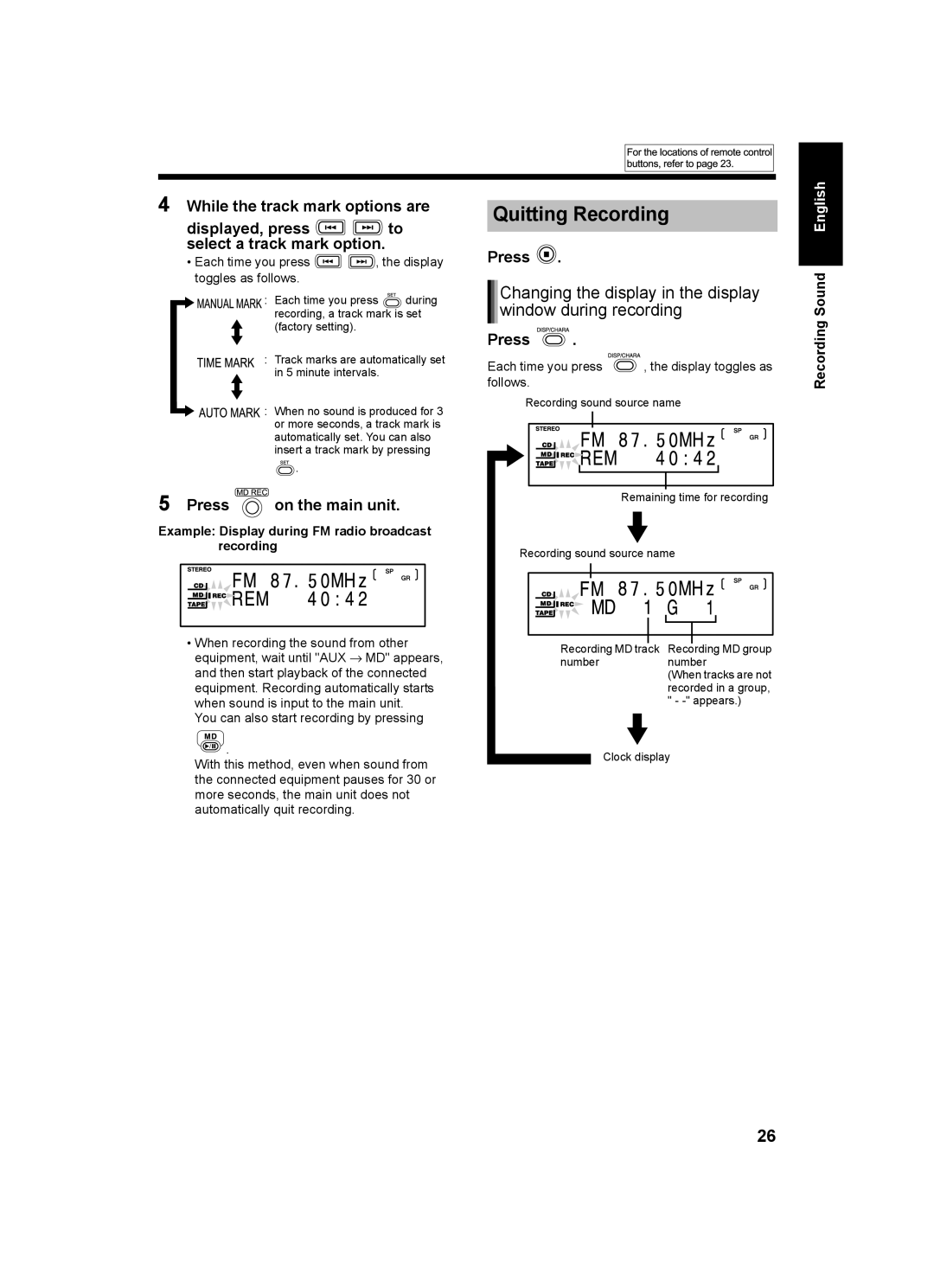 JVC CA-UXQ1W, UX-Q1S Example Display during FM radio broadcast recording, Follows, Each time you press Display toggles as 