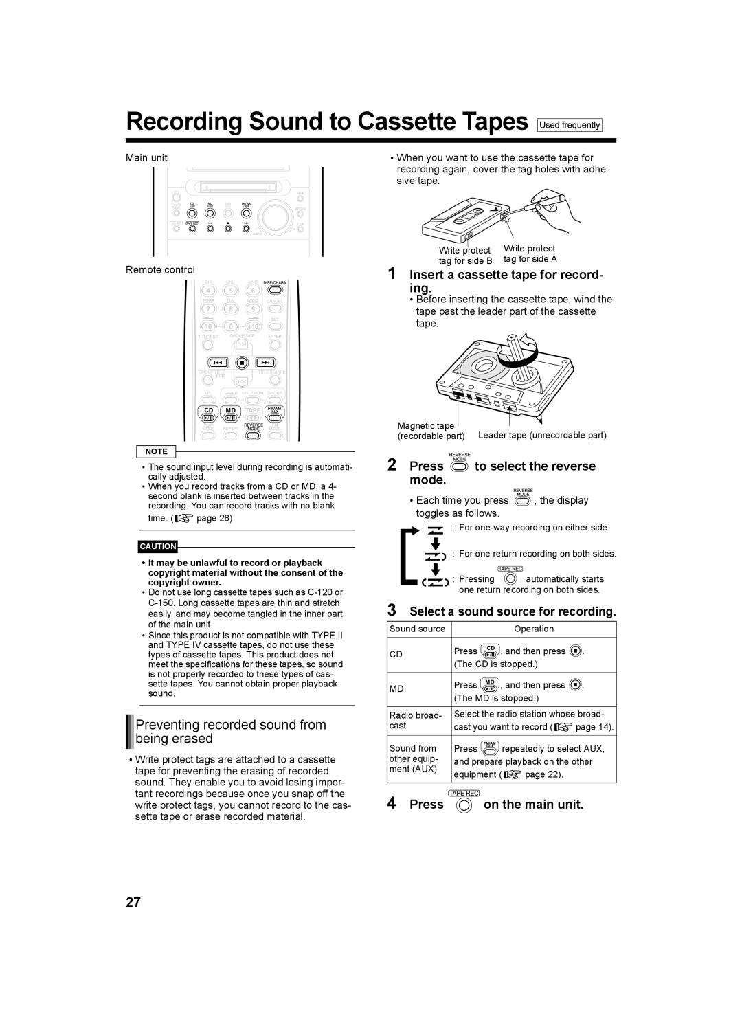 JVC CA-UXQ1S, LVT1218-002A, CA-UXQ1W Recording Sound to Cassette Tapes, Preventing recorded sound from being erased, Ing 