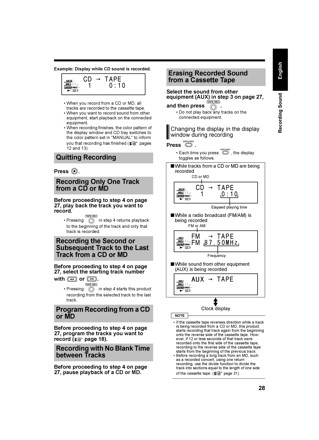 JVC SP-UXQ1W, LVT1218-002A, UX-Q1S Recording Only One Track from a CD or MD, Program Recording from a CD or MD, Then press 