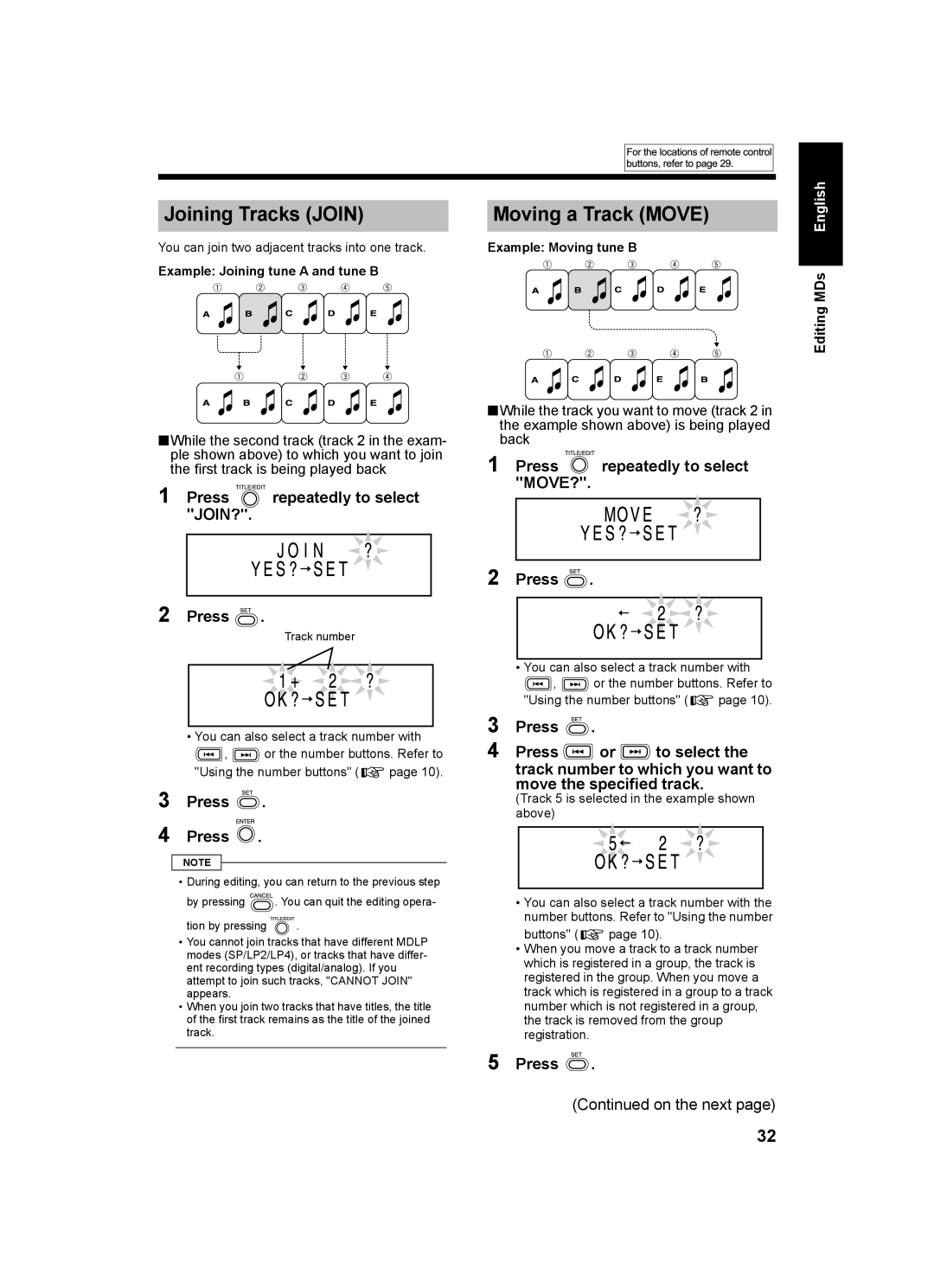 JVC LVT1218-002A, CA-UXQ1W, UX-Q1S Joining Tracks Join, Press repeatedly to select JOIN?, Press repeatedly to select MOVE? 