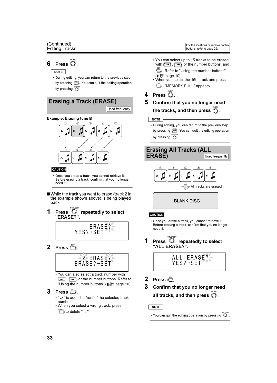 JVC CA-UXQ1W, CA-UXQ1S Erasing a Track Erase, Erasing All Tracks ALL, All tracks, and then press, Example Erasing tune B 