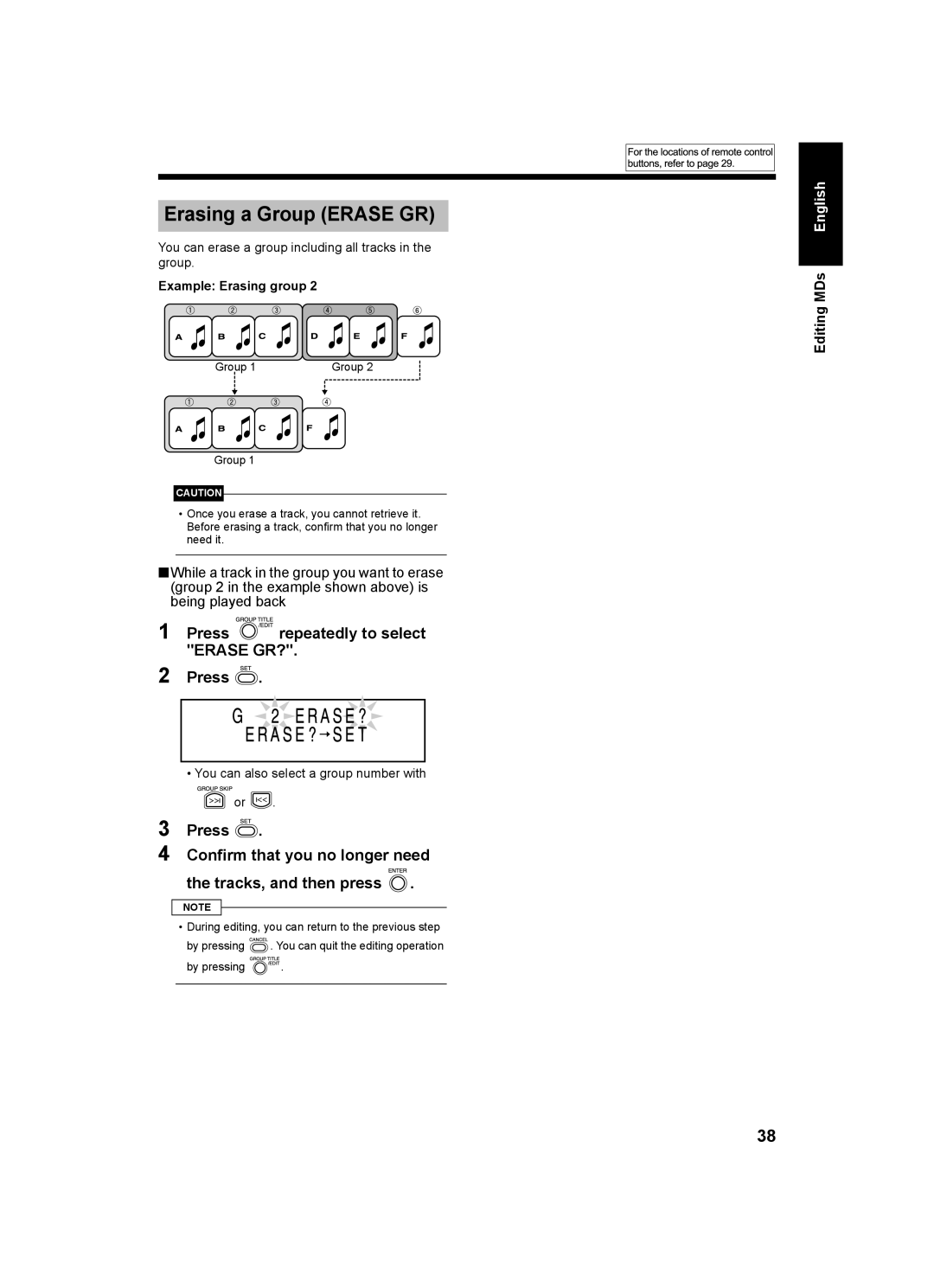 JVC UX-Q1W Erasing a Group Erase GR, Press repeatedly to select Erase GR?, Tracks, and then press, Example Erasing group 