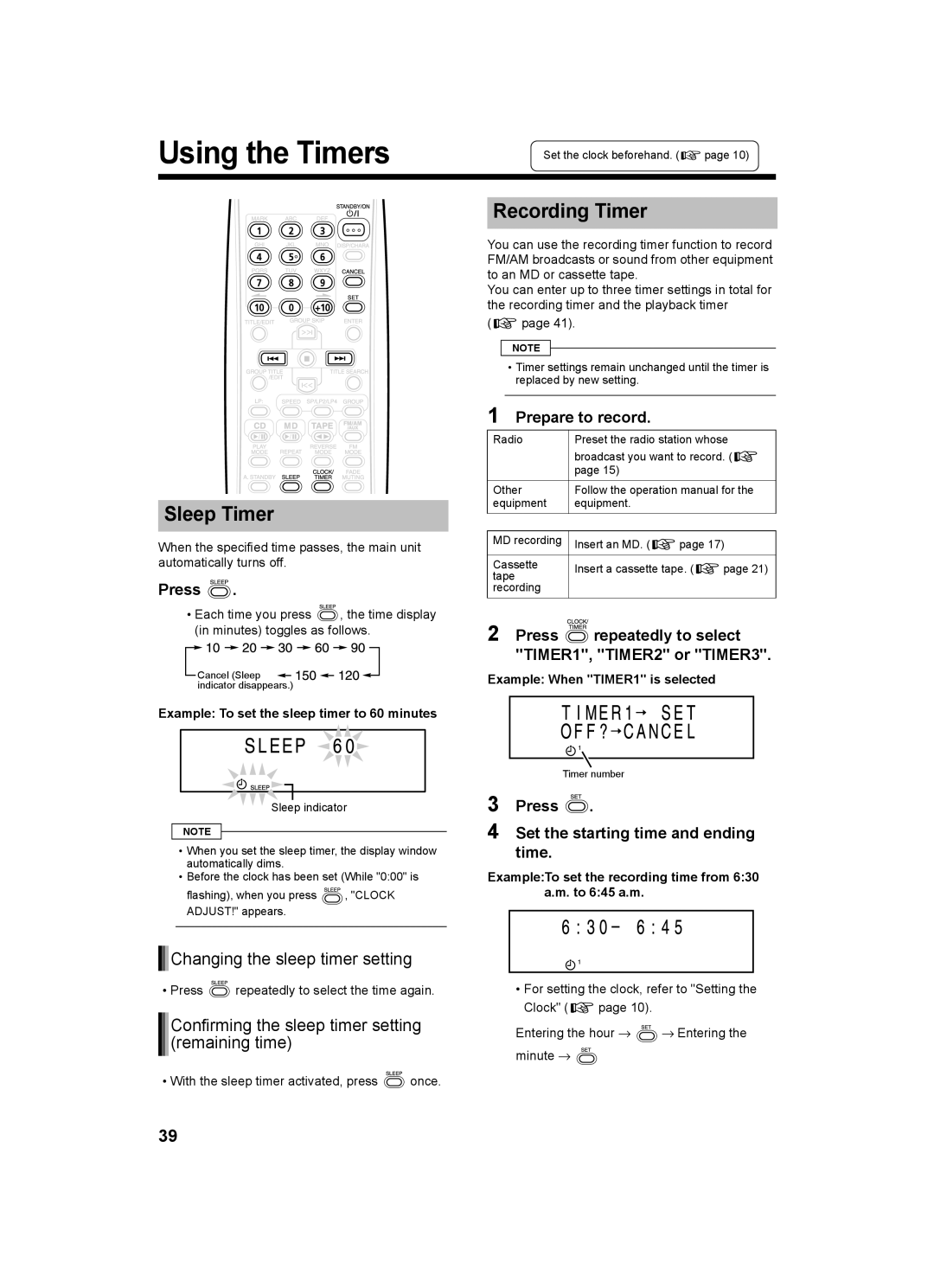 JVC LVT1218-002A, CA-UXQ1W, CA-UXQ1S manual Using the Timers, Sleep Timer, Recording Timer, Changing the sleep timer setting 